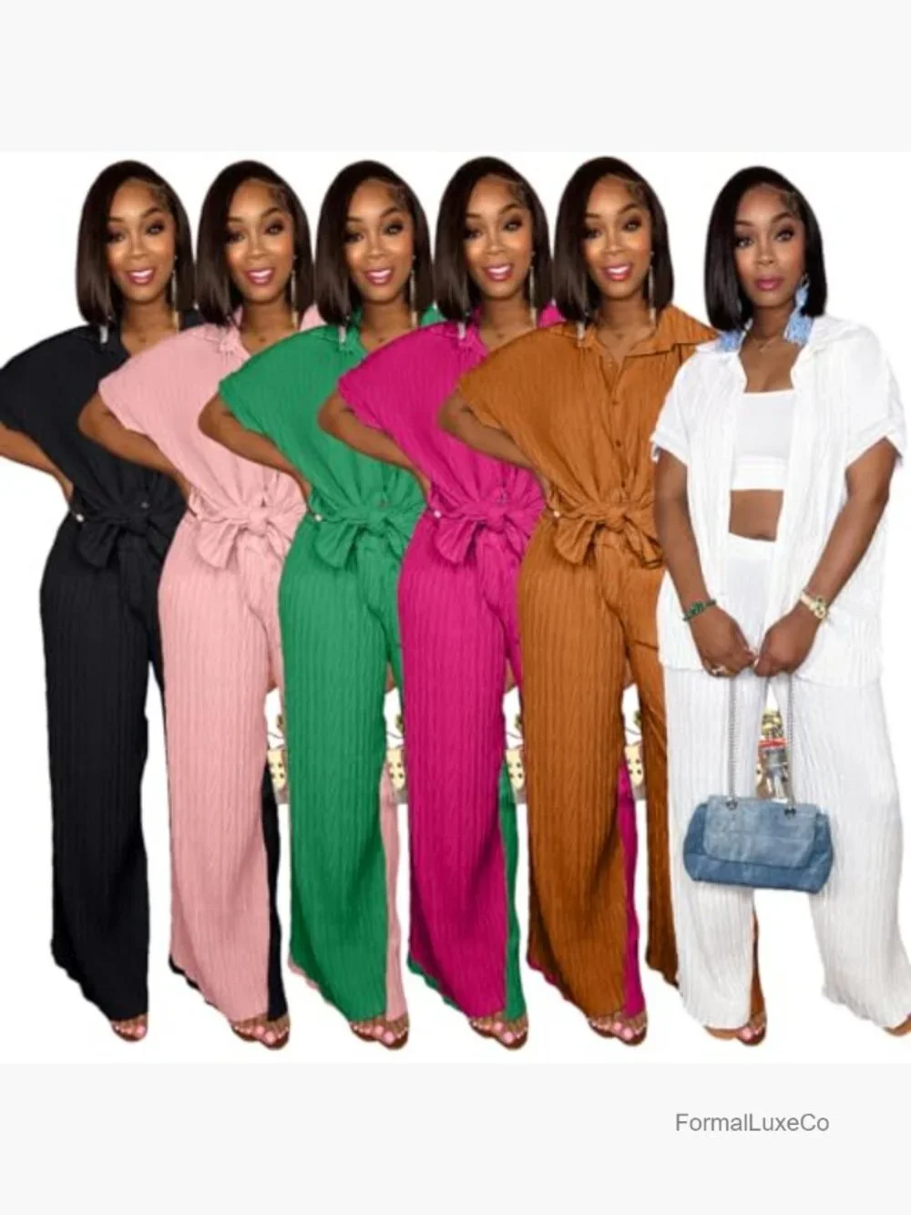 Two Piece Set: Button Down Shirt and Wide Leg Pants Matching Set